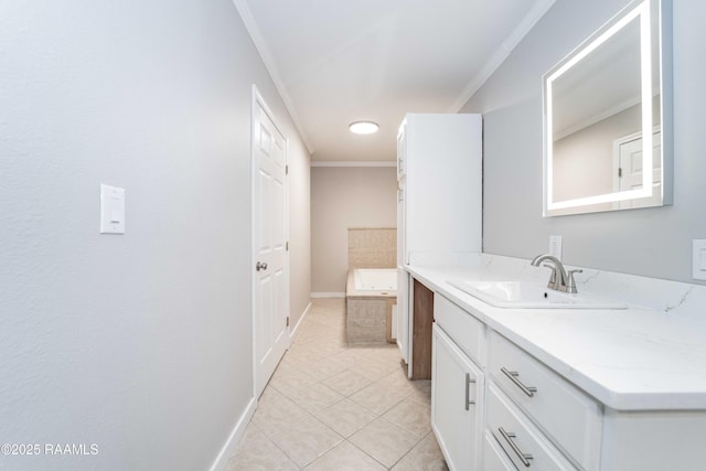 bathroom with crown molding, tiled bath, tile patterned floors, and vanity