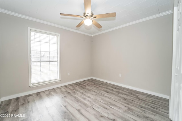 unfurnished room featuring ceiling fan, light hardwood / wood-style flooring, ornamental molding, and a healthy amount of sunlight