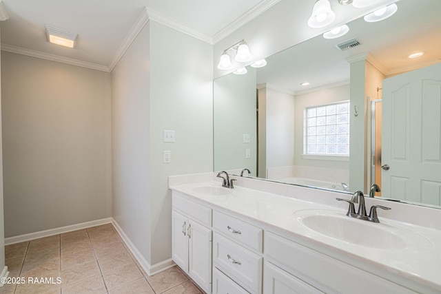 bathroom with ornamental molding, shower with separate bathtub, tile patterned flooring, and vanity