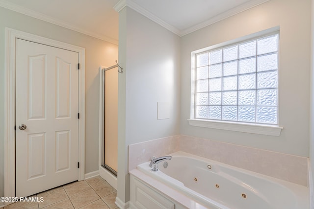 bathroom featuring independent shower and bath, crown molding, and tile patterned floors