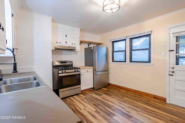 kitchen with sink, white cabinetry, light wood-type flooring, stainless steel appliances, and backsplash