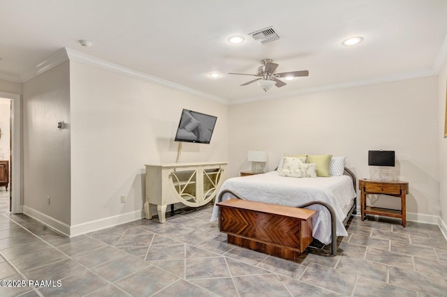 bedroom featuring crown molding and ceiling fan