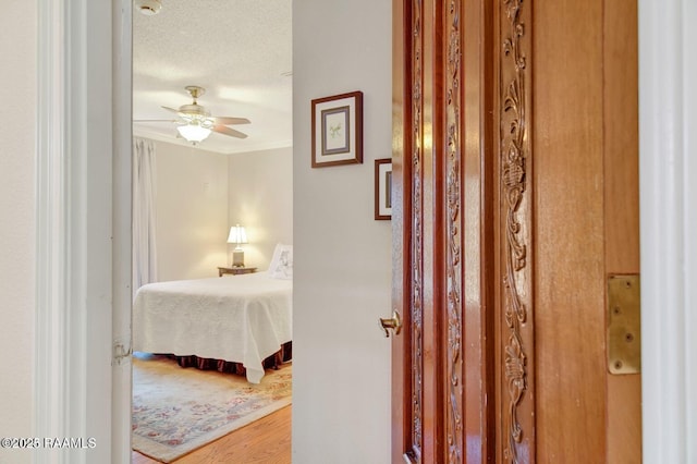 hall with crown molding, hardwood / wood-style flooring, and a textured ceiling