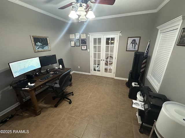 home office with tile patterned flooring, crown molding, french doors, and ceiling fan