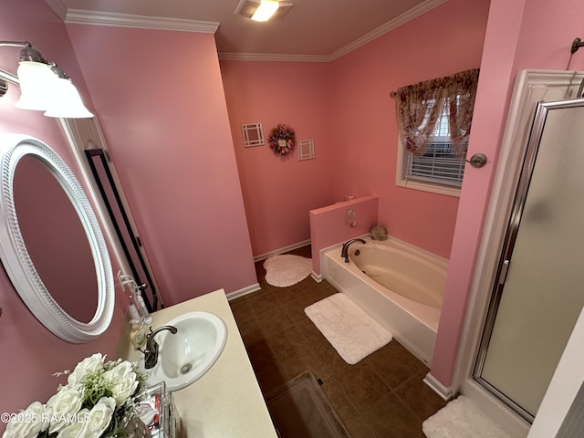 bathroom with crown molding, vanity, separate shower and tub, and tile patterned flooring