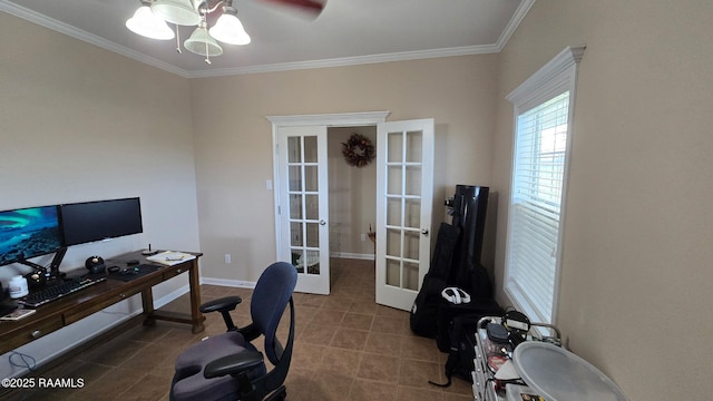 tiled home office with french doors and ornamental molding