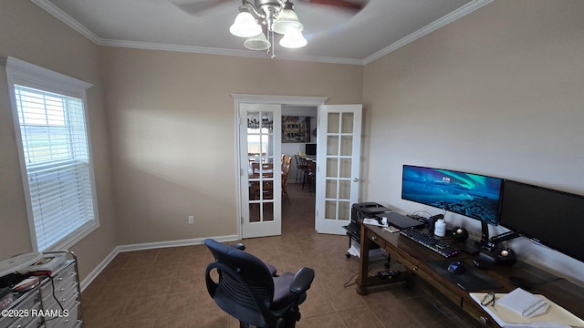 tiled home office with french doors, ceiling fan, and ornamental molding