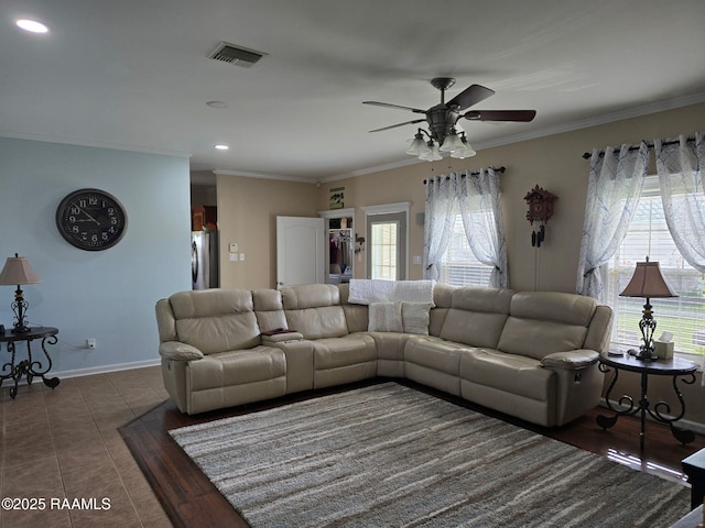 168 Birdhaven Rd, Rayne, LA 70578 - tiled living room with a ceiling fan, ornamental molding, recessed lighting, and baseboards