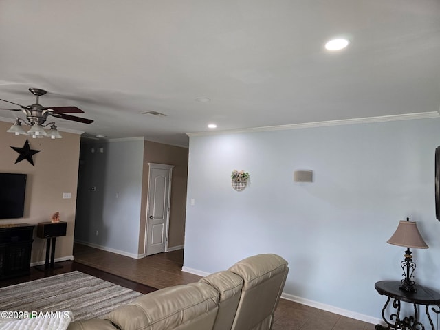 168 Birdhaven Rd, Rayne, LA 70578 - living area featuring ornamental molding, baseboards, ceiling fan, and recessed lighting