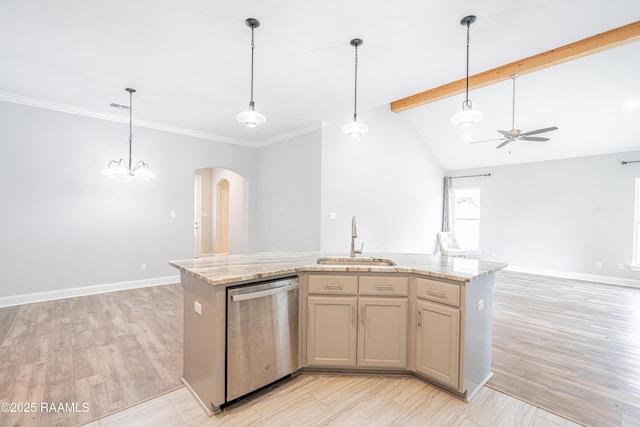 kitchen with pendant lighting, sink, light stone counters, a center island with sink, and stainless steel dishwasher