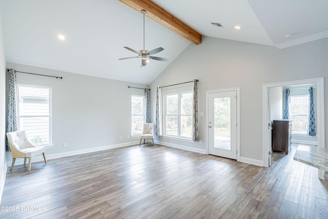 unfurnished living room with ceiling fan, wood-type flooring, high vaulted ceiling, and beamed ceiling