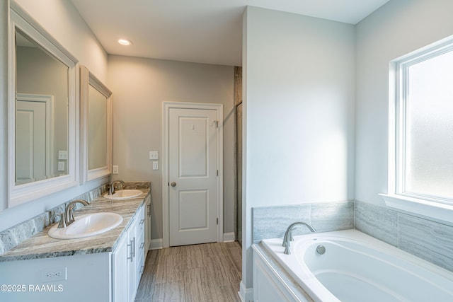 bathroom with vanity, a bathing tub, and wood-type flooring