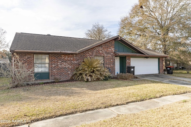 ranch-style house with a garage and a front lawn