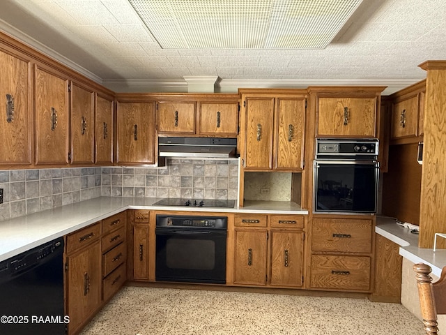 kitchen featuring extractor fan, backsplash, and black appliances