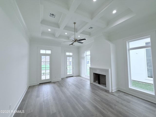 unfurnished living room featuring coffered ceiling, wood finished floors, visible vents, beamed ceiling, and ceiling fan