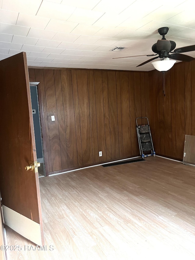 unfurnished room with hardwood / wood-style floors, wooden walls, and ceiling fan