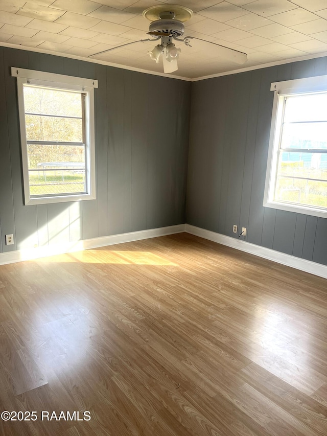 unfurnished room featuring ceiling fan, ornamental molding, and light hardwood / wood-style flooring