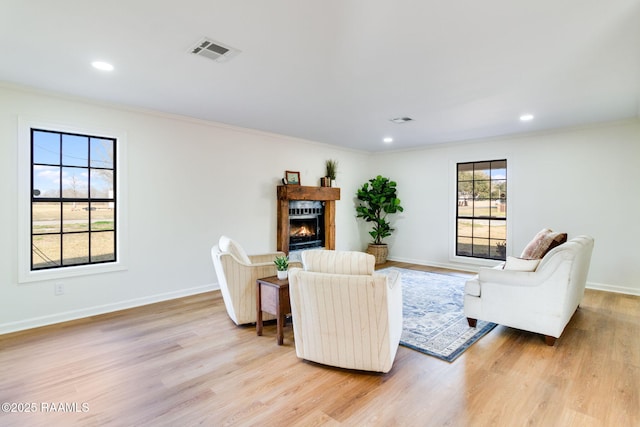 living room featuring crown molding and light hardwood / wood-style flooring