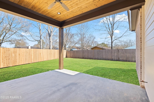 view of patio / terrace with a fenced backyard and ceiling fan