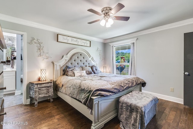 bedroom with ornamental molding, ceiling fan, dark hardwood / wood-style flooring, and ensuite bath