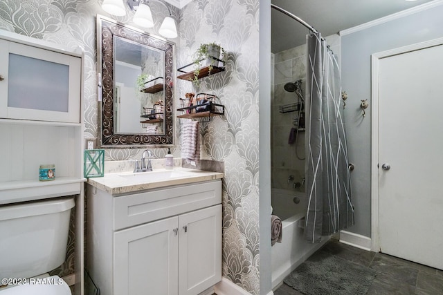 full bathroom with vanity, shower / bathtub combination with curtain, crown molding, and toilet