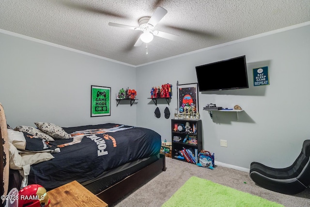 carpeted bedroom featuring ornamental molding and a textured ceiling