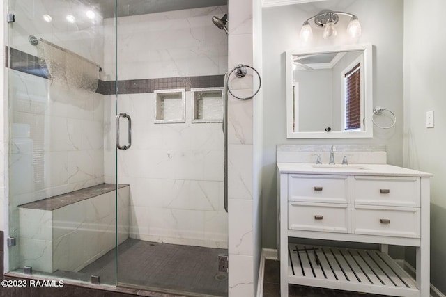 bathroom featuring vanity and walk in shower