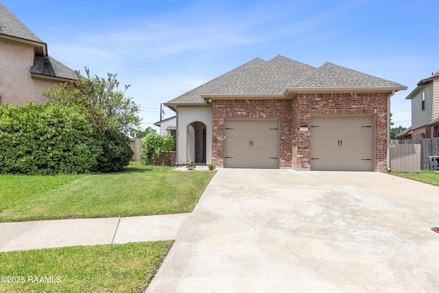 view of front of property with a garage and a front lawn