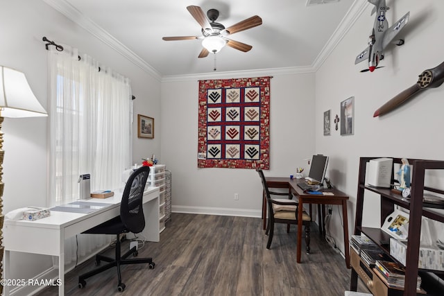 home office featuring crown molding, dark wood-type flooring, and ceiling fan