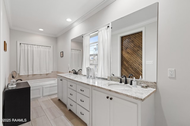 bathroom featuring vanity, a tub, and ornamental molding