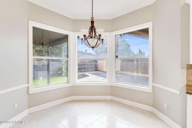 110 Yorkshire Cir, Lafayette, LA 70508 - unfurnished dining area featuring a chandelier, ornamental molding, light tile patterned floors, and baseboards