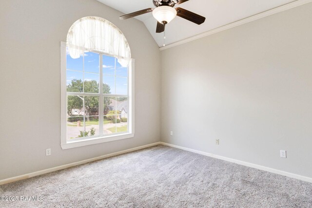 110 Yorkshire Cir, Lafayette, LA 70508 - carpeted empty room featuring ceiling fan, baseboards, lofted ceiling, and crown molding