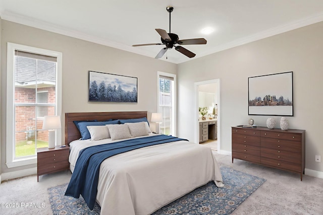 110 Yorkshire Cir, Lafayette, LA 70508 - bedroom with baseboards, crown molding, light carpet, connected bathroom, and a ceiling fan