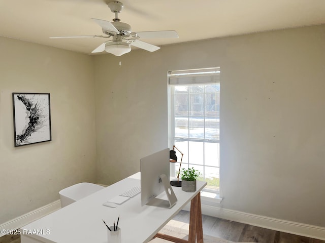 office space with hardwood / wood-style floors and ceiling fan