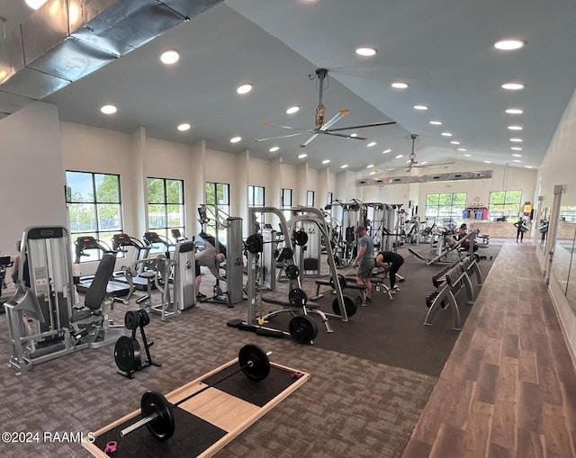 workout area featuring lofted ceiling