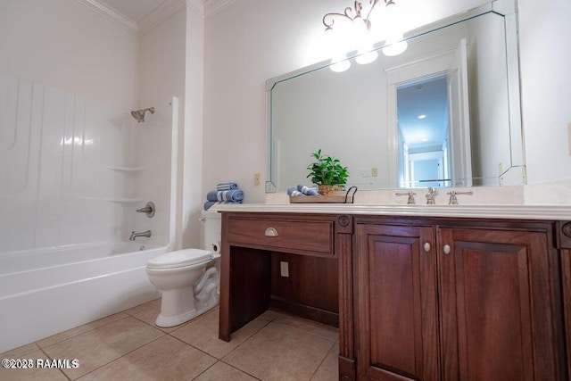 full bathroom featuring crown molding,  shower combination, tile patterned flooring, vanity, and toilet