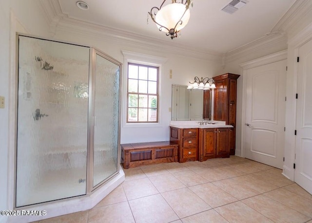 bathroom featuring ornamental molding, an enclosed shower, and vanity