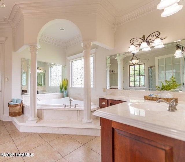 bathroom featuring crown molding, tile patterned floors, and ornate columns