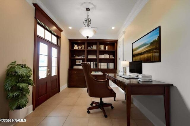 tiled home office with crown molding and french doors