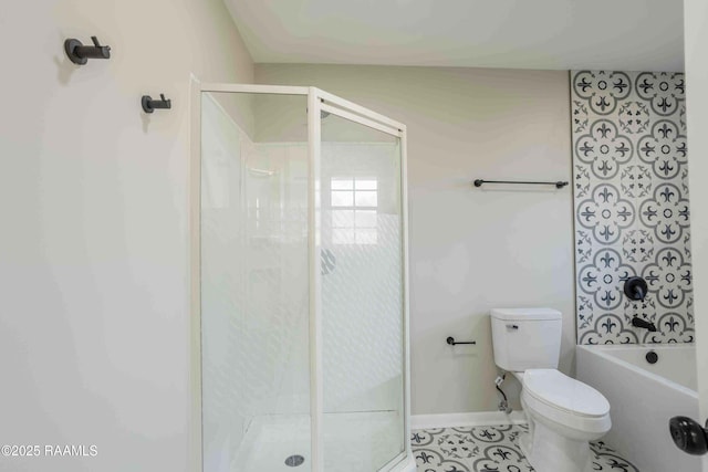 bathroom with separate shower and tub, tile patterned floors, and toilet