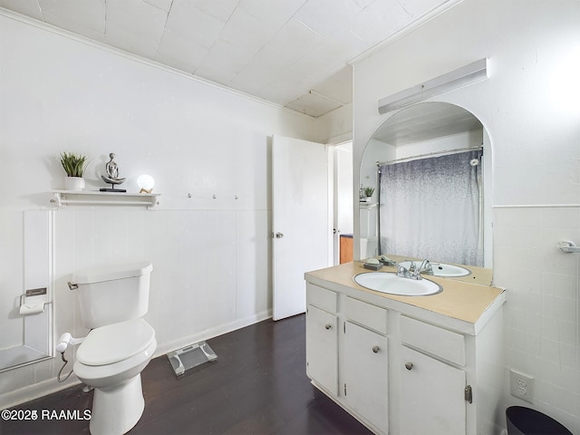 bathroom with hardwood / wood-style flooring, vanity, and toilet