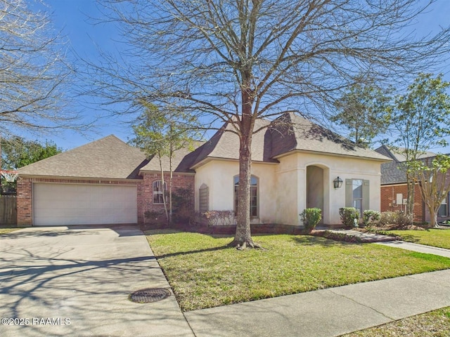 french country style house with a garage, driveway, a front lawn, and stucco siding