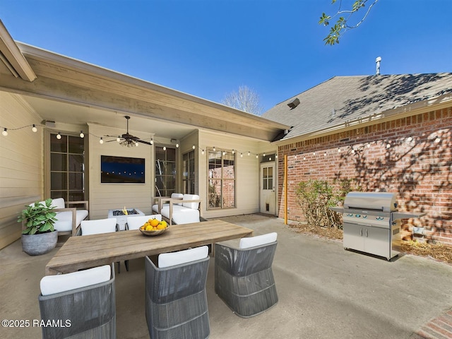 view of patio featuring area for grilling, outdoor lounge area, outdoor dining area, and ceiling fan