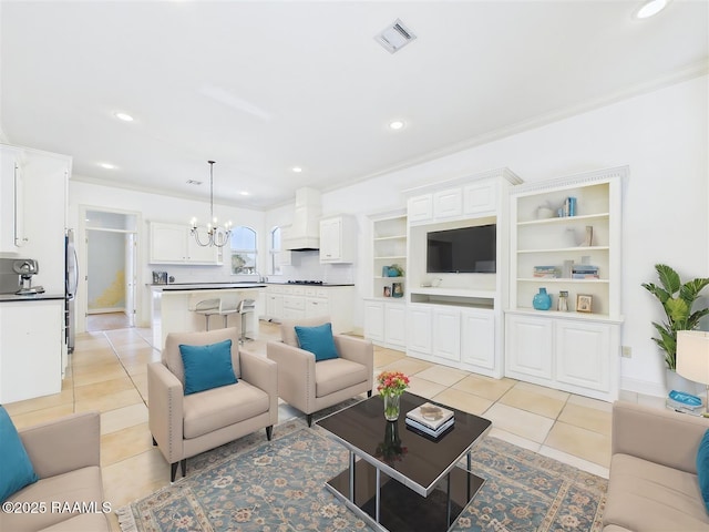 living area with visible vents, an inviting chandelier, light tile patterned flooring, and crown molding