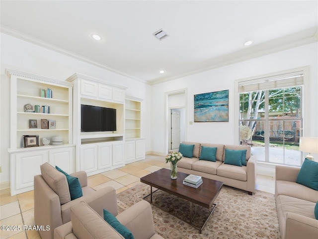 living room featuring visible vents, recessed lighting, crown molding, light tile patterned floors, and baseboards