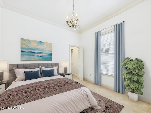 bedroom featuring a chandelier, light colored carpet, baseboards, and ornamental molding