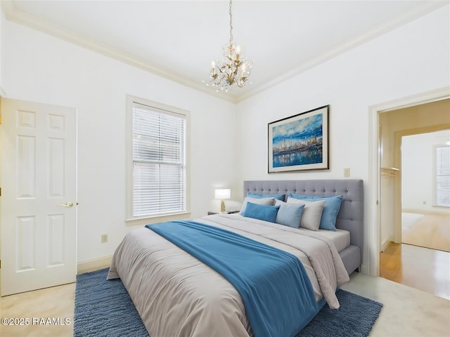 bedroom featuring a chandelier, crown molding, and baseboards