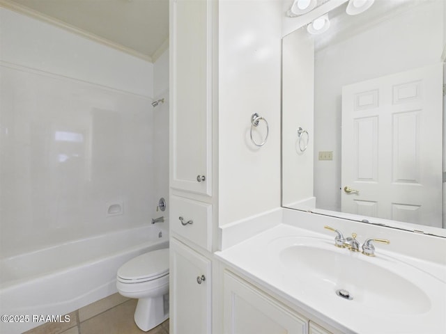 full bath with tile patterned floors, toilet, ornamental molding,  shower combination, and vanity