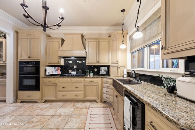 kitchen with pendant lighting, sink, custom exhaust hood, ornamental molding, and black appliances