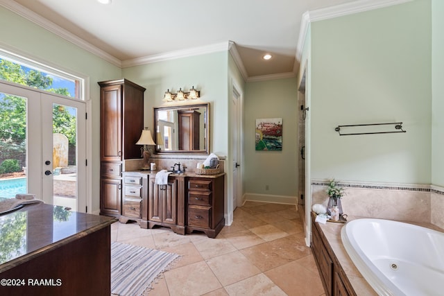 bathroom featuring plus walk in shower, decorative backsplash, ornamental molding, vanity, and tile patterned floors